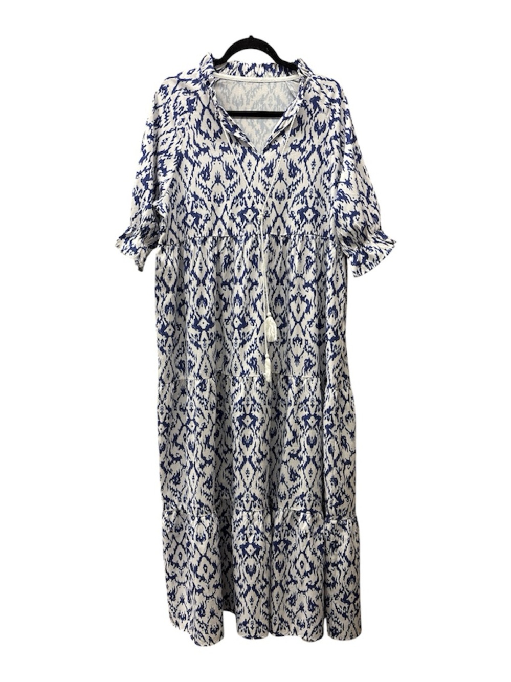 Blue and White Ikat Tiered Maxi Dress with Tie Neck